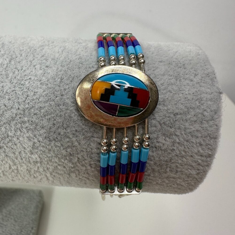 Vintage Zunie Native American liquid Sterling Sliver Bracelet Multi Color